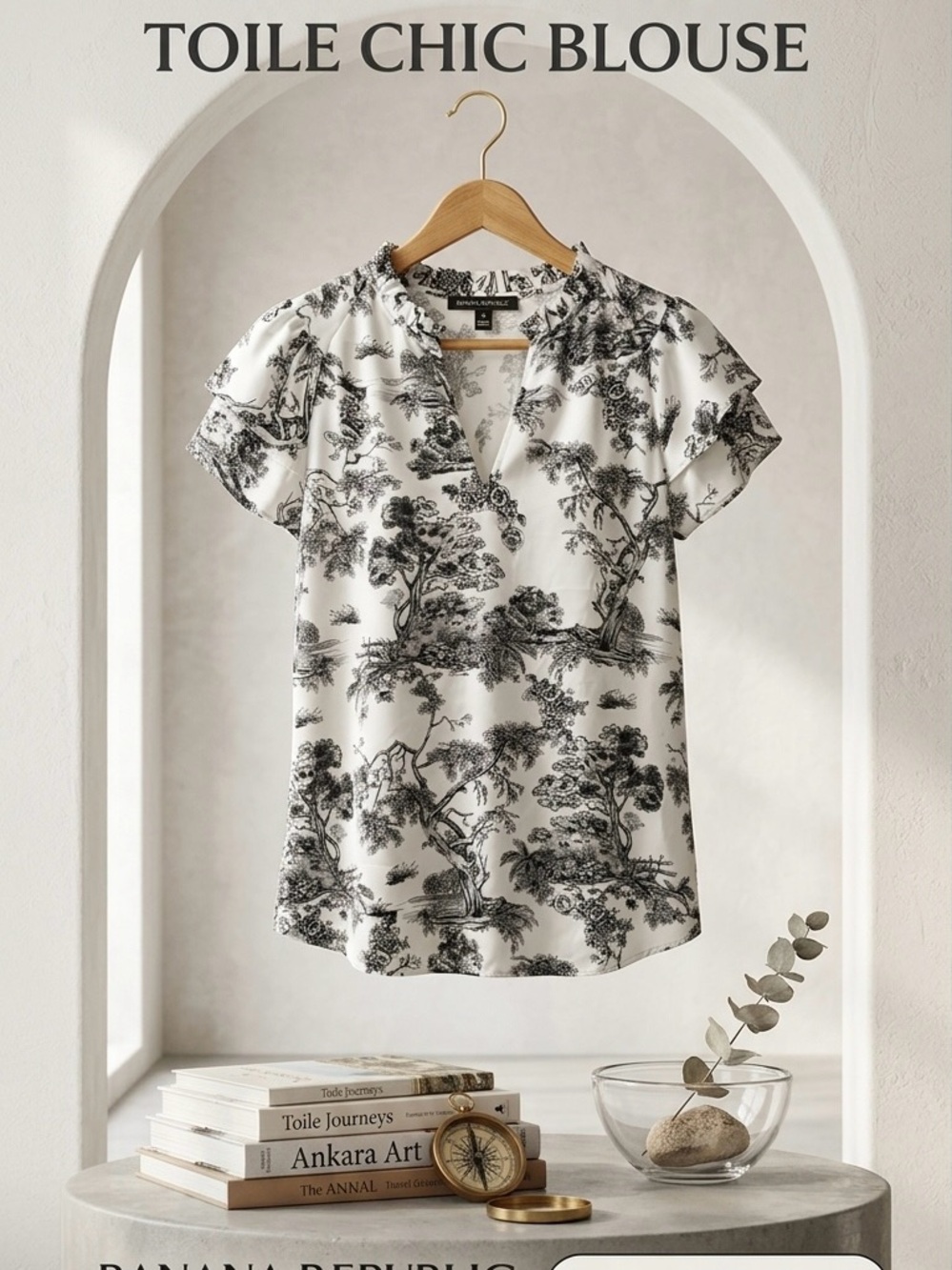 Banana Republic Black & White Toile V-Neck Flutter Sleeve Blouse